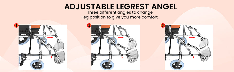 Illustration of a wheelchair with adjustable legrest angles on a pink background