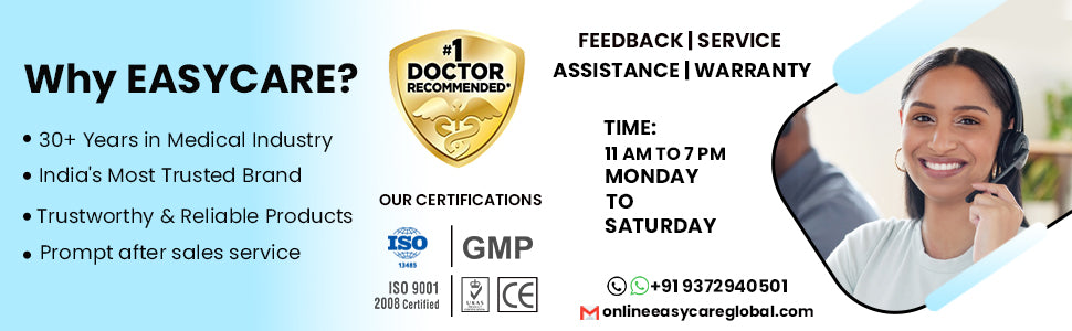 EASYCARE advertisement with contact information and certification logos on a blue background
