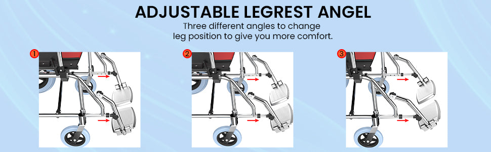 Illustration of a wheelchair with adjustable legrest angles on a blue background