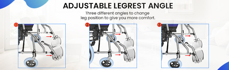 Advertisement for a wheelchair with adjustable legrest angles on a white background.