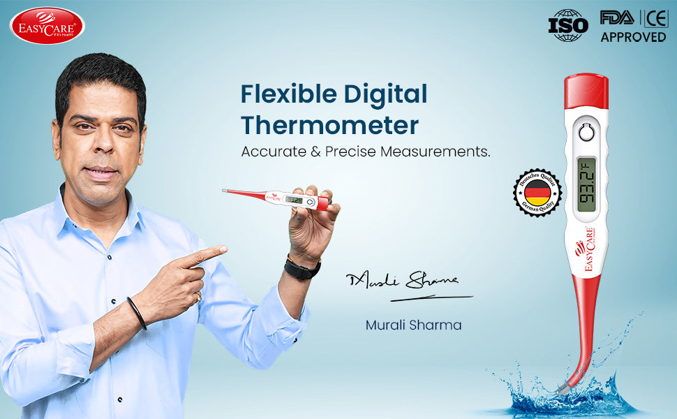 Advertisement for a flexible digital thermometer with a man holding it, set against a light blue background.