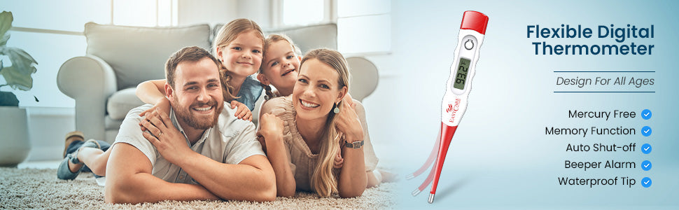 Family in a living room with a flexible digital thermometer on a white background