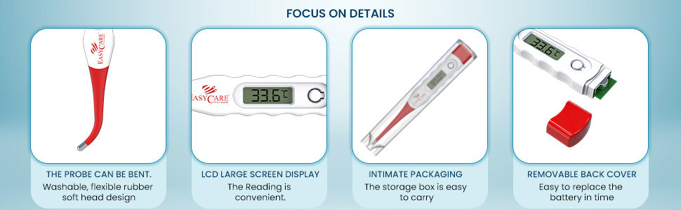 Product features of a digital thermometer with text on a light blue background