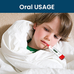 Child with a thermometer in mouth, wrapped in a blanket, with 'Oral USAGE' text at the top.