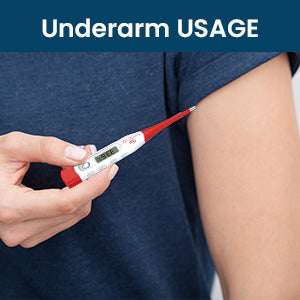 Person using an electronic thermometer on their underarm with text 'Underarm Usage' at the top.