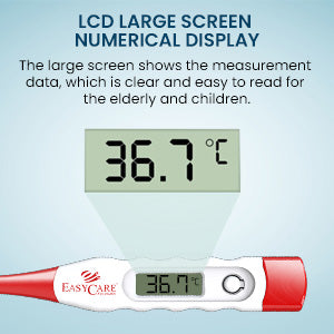 Digital thermometer with LCD screen displaying temperature, branded 'EASYCARE'.