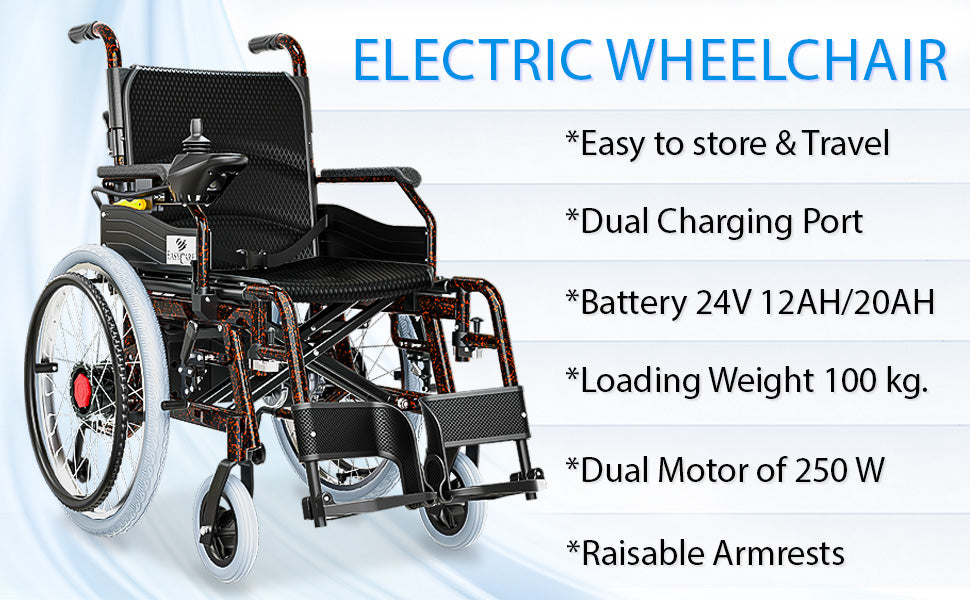 Electric wheelchair with features listed on a white background