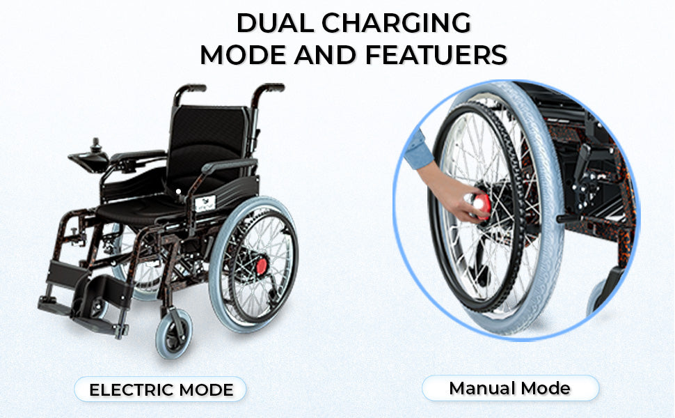 Electric wheelchair with dual charging mode features on a white background