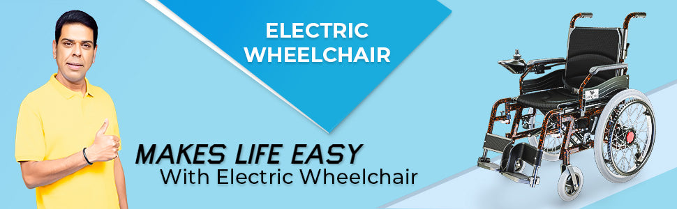 Electric wheelchair with a man in a yellow shirt on a blue background
