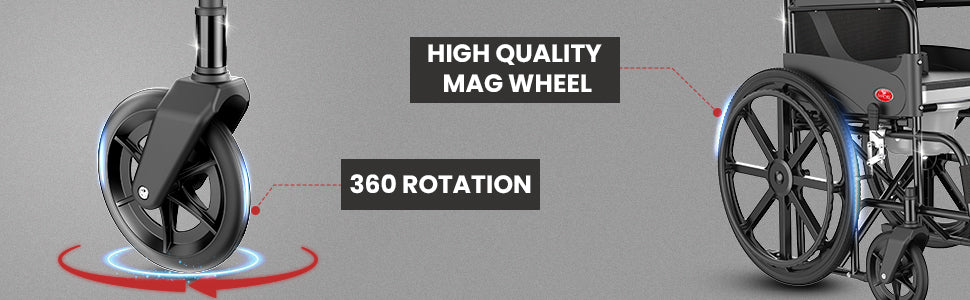 Wheelchair with high-quality mag wheel featuring 360 rotation on a gray background