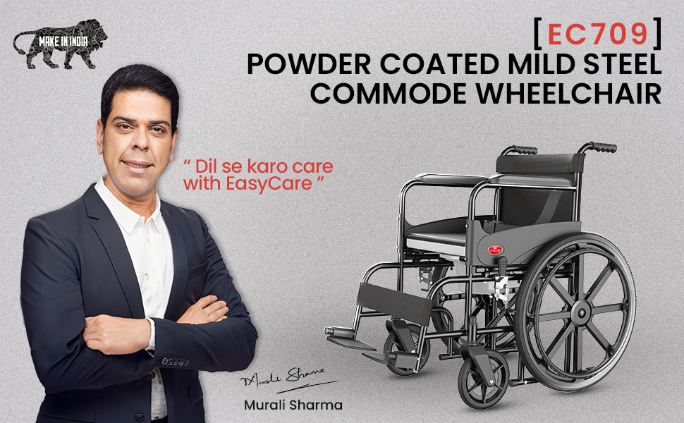 Powder coated mild steel commode wheelchair with a man in a suit on a gray background