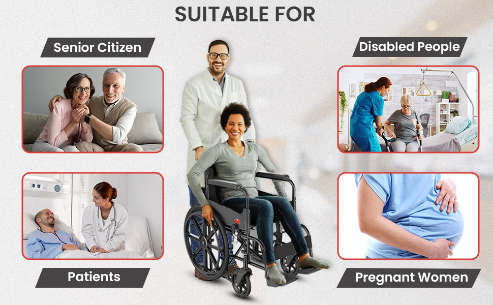 commode wheelchair with text indicating suitability for senior citizens, disabled people, patients, and pregnant women.
