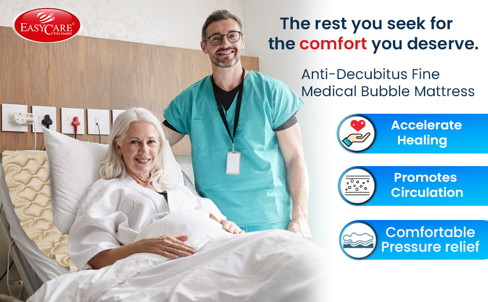 Person in teal scrubs standing next to a patient in bed with promotional text about a air bubble mattress