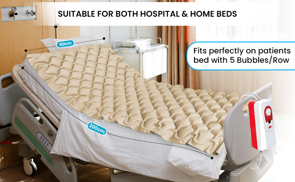 Hospital bed with a mattress pad labeled 'Suitable for both hospital & home beds' and 'Fits perfectly on patients bed with 5 Bubbles/Row'.