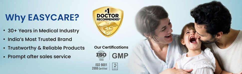 Family with a child, promotional banner for EASYCARE with certifications and brand information.