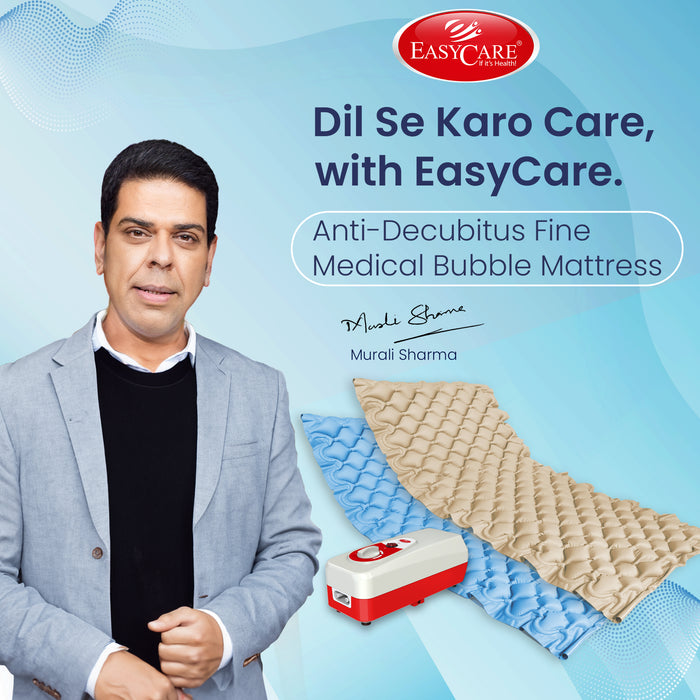 Advertisement for EasyCare anti-decubitus fine medical bubble mattress with a man and product on a blue background.
