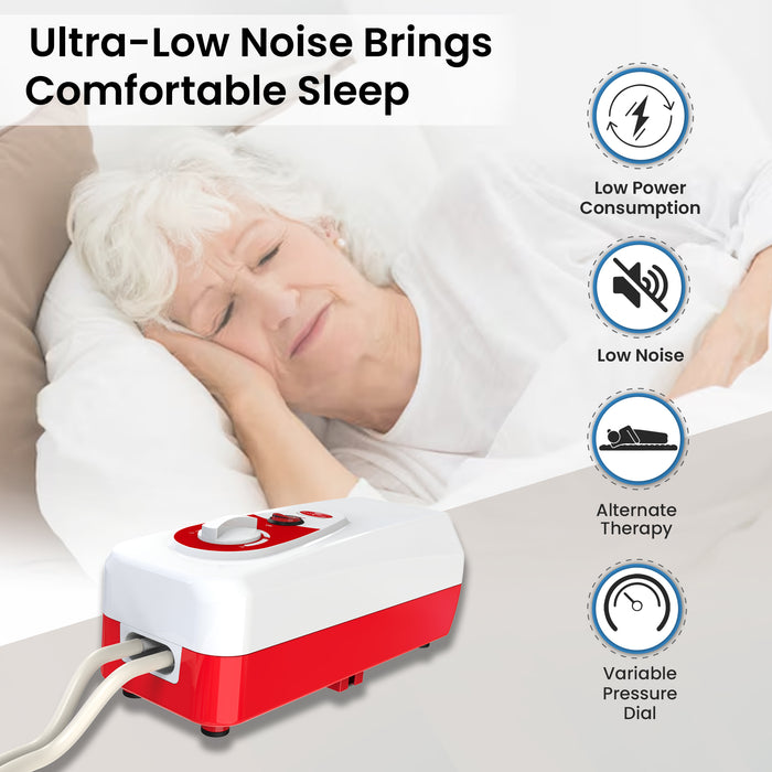 Woman sleeping with a red and white appliance, featuring text and icons about noise reduction and comfort.