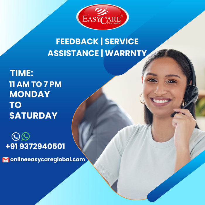 Advertisement for Easycare with a woman on a call, contact information, and service hours.