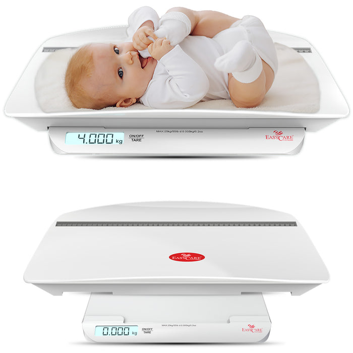 Digital baby weighing scale with a baby lying on it, displaying weight on an LCD screen
