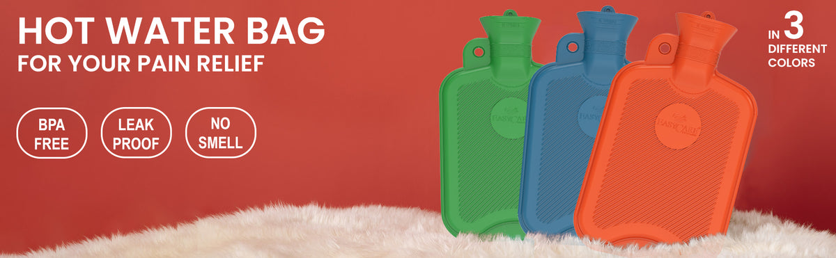 Three hot water bags in green, blue, and orange on a red background with text about pain relief and product features.
