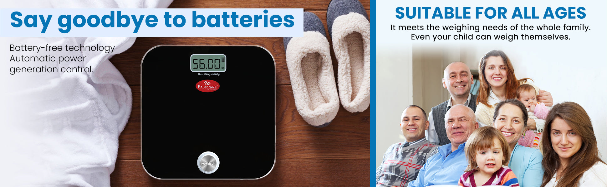 Digital bathroom weighing scale on a wooden floor with slippers, and a family photo on the right.