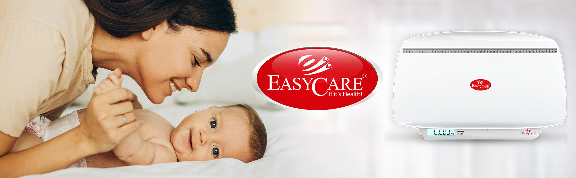 Woman holding a baby next to an EasyCare baby weighing scale on a white background