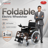 Foldable electric wheelchair with EASYCARE branding and a man standing next to it.