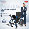 Foldable electric wheelchair with EASYCARE branding and a person standing next to it on a light gray background.