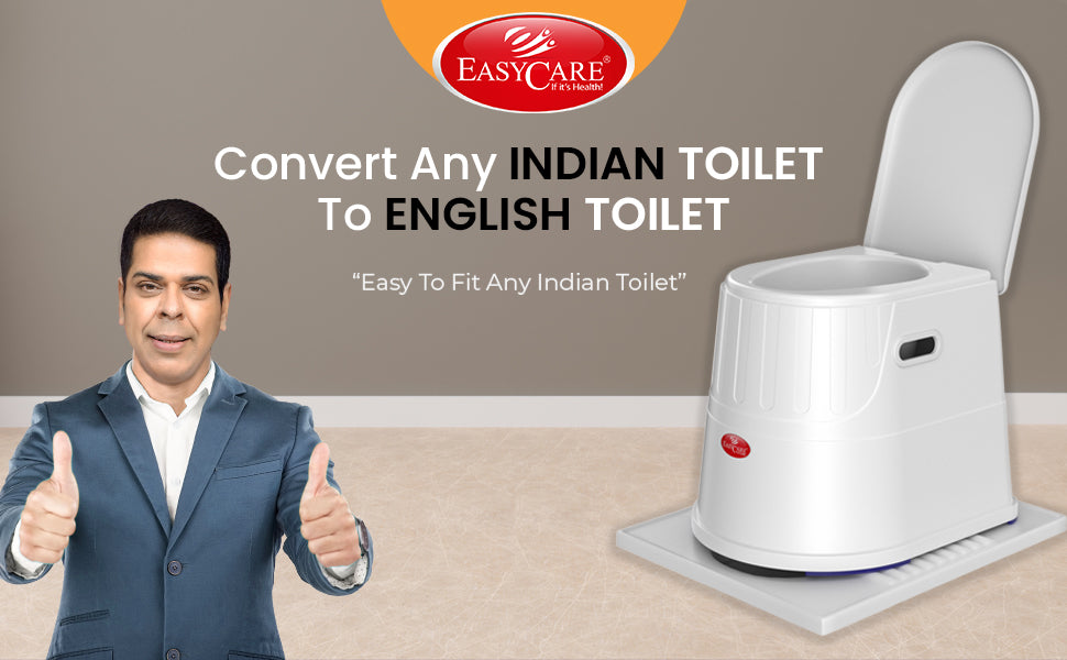 Advertisement for Easycare commoden converting Indian to English toilet with a man giving thumbs up.