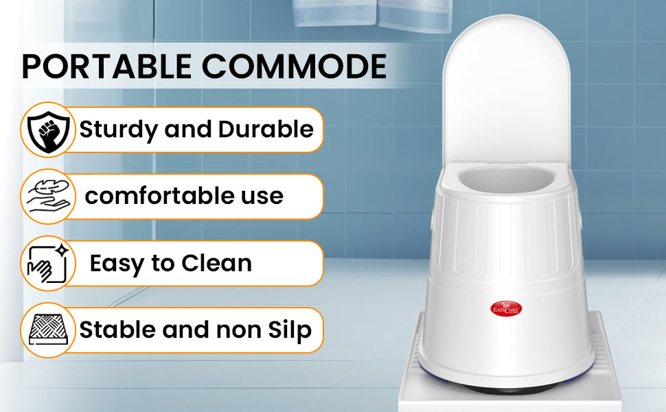 Portable commode with features listed on a blue tiled background