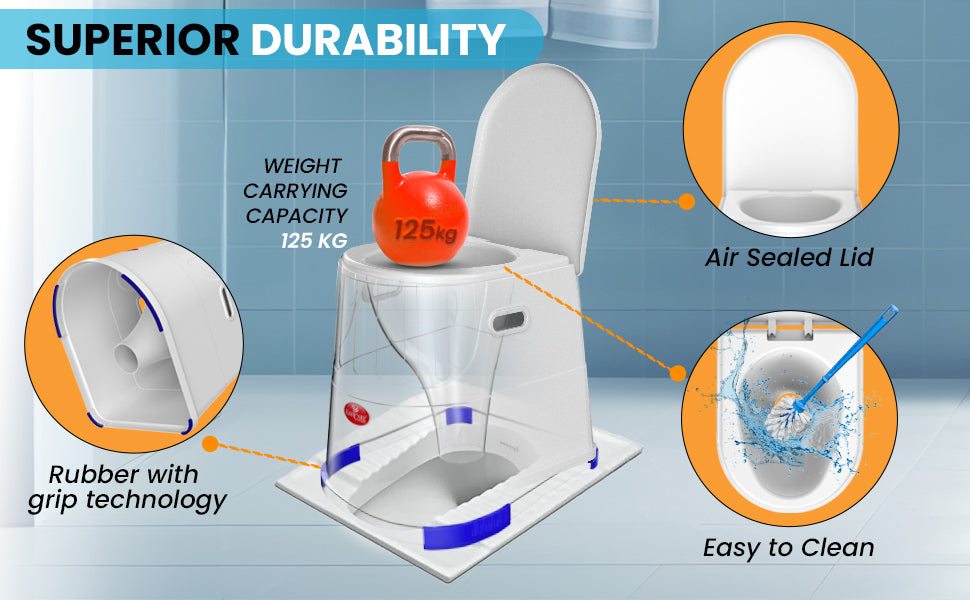 commode with features highlighted on a blue background
