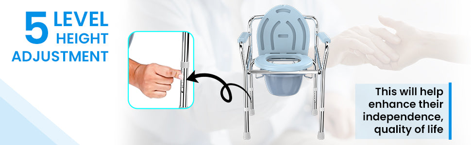 commode chair with height adjustment feature and text highlighting its benefits