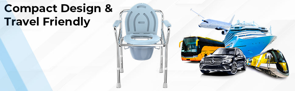 Compact design travel-friendly commode chair with transportation icons on a white background