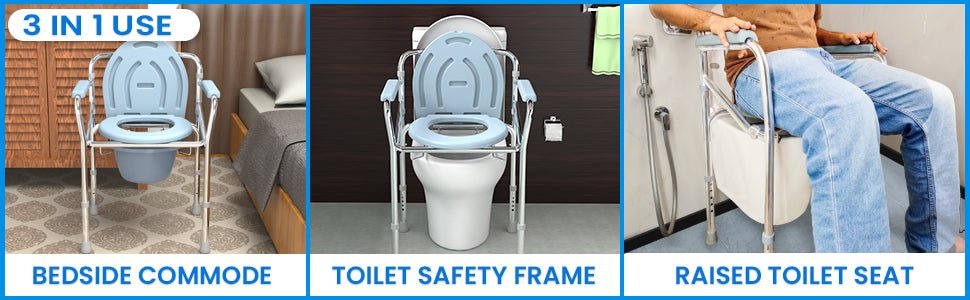 Collage of a bedside commode, toilet safety frame, and raised toilet seat with people using them.