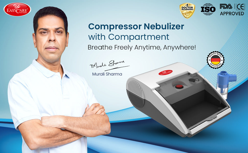 Compressor Nebulizer with compartment on a blue background, featuring a man and product.