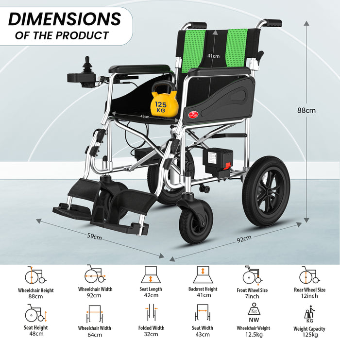 Dimensions of EASYCARE EBAS Aluminum Foldable Electric Wheelchair – Lightweight 12.5kg, 125kg Capacity, 88cm Height, 92cm Width, 59cm Depth, Folded Size 32cm, with Large Rear Wheels and Joystick Control