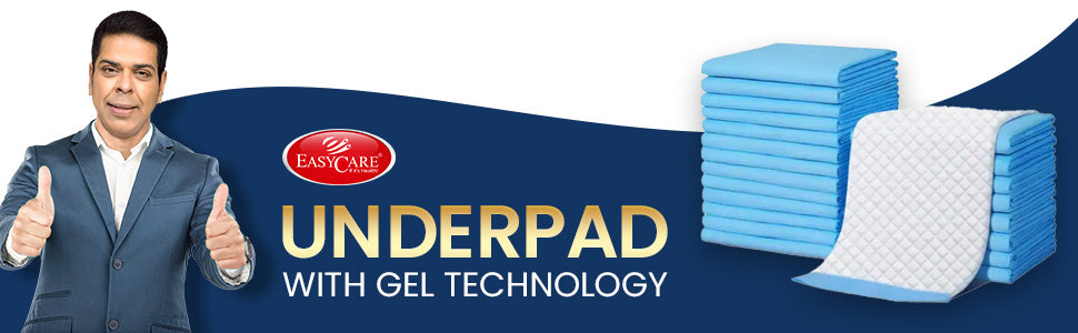 Advertisement for Easycare underpad with gel technology featuring a man in a suit and underpads on a blue background.