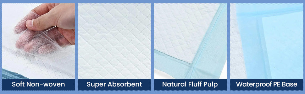 Underpad features including soft non-woven, super absorbent, natural fluff pulp, and waterproof PE base.