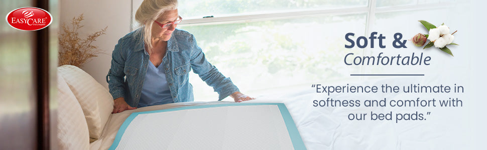 Woman setting up a bed with Easy Care Underpad  , emphasizing softness and comfort.