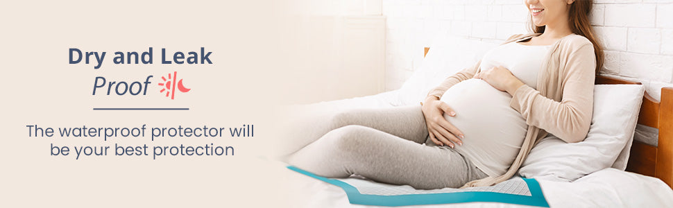 Pregnant woman sitting on a Underpad with a waterproof protector, text 'Dry and Leak Proof' displayed.