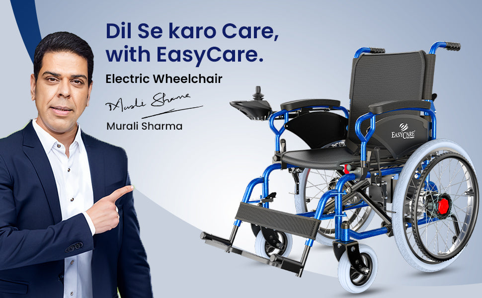 Electric wheelchair with branding and a person next to it on a light blue background