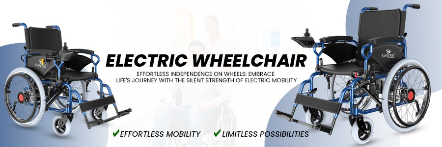 Electric wheelchair with text highlighting its features on a blue gradient background