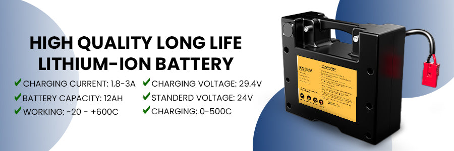 Lithium-ion battery with specifications on a blue and gray background