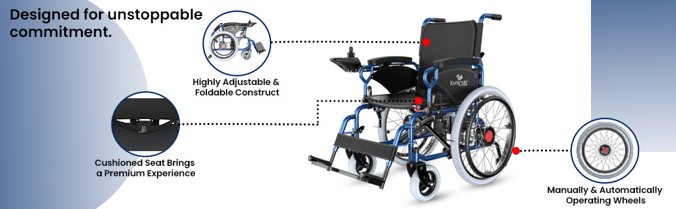 Wheelchair with highlighted features on a blue and gray background