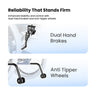 Advertisement for a electric wheelchair with dual hand brakes and anti-tipper wheels, emphasizing reliability.