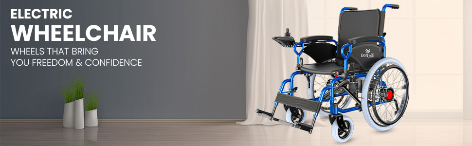 Blue electric wheelchair with text about freedom and confidence on a gray wall background