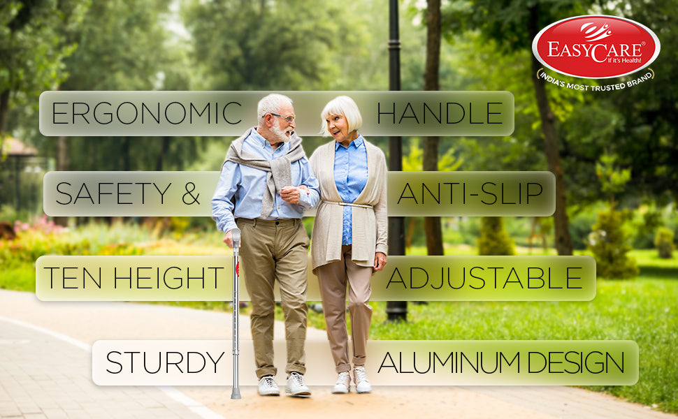 Two elderly individuals walking outdoors with a walking stick, surrounded by greenery and EasyCare branding.