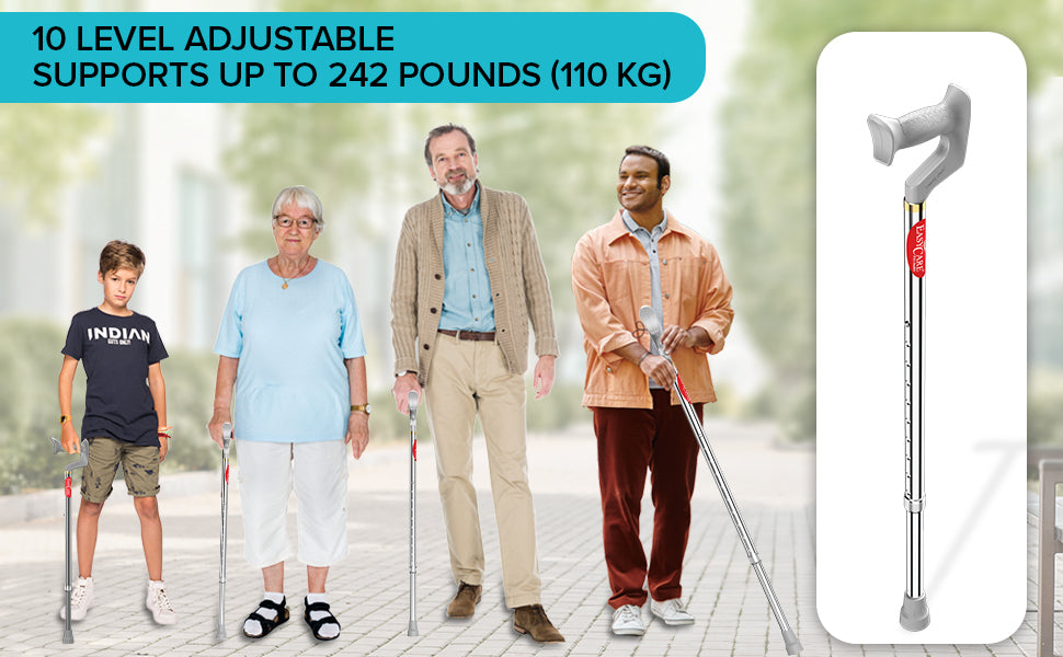 Four people using walking stick with text indicating adjustable support capacity, outdoors.