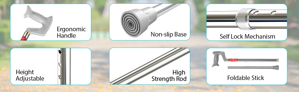 Features of a telescopic rod with ergonomic handle, non-slip base, self-lock mechanism, height adjustable rod, high strength rod, and walking stick.