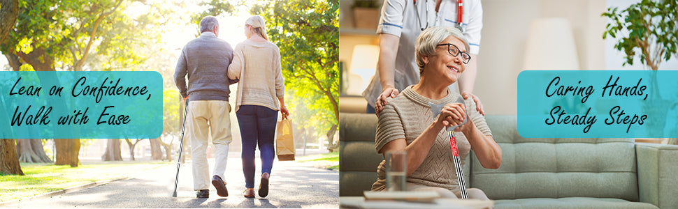 Two images showing an elderly couple walking with a cane and a caregiver assisting an elderly woman, with text about confidence and care.